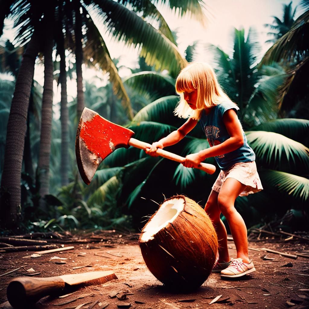Young Girl Cracking Coconut with Axe: Cinematic Photorealism