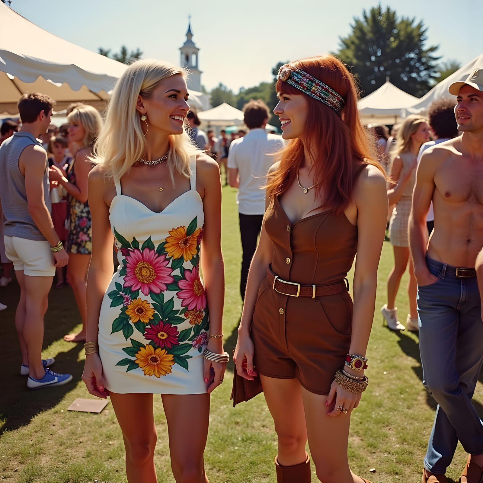 Psychedelic Fashion: Two Women Chatting at 1970 Event