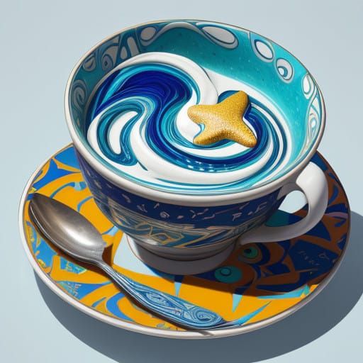 Vibrant Starfish in Ornate Cup, Cubist Art Deco Style