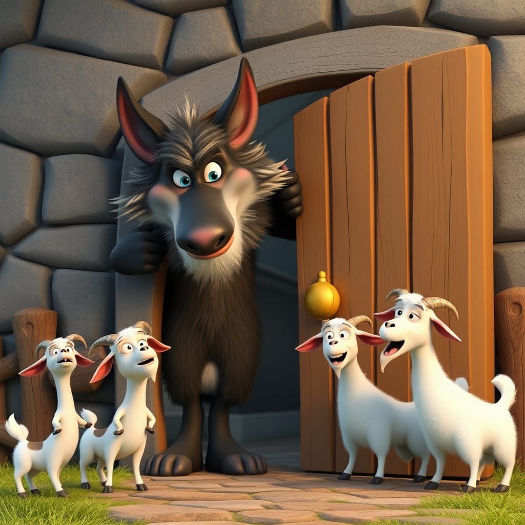 Big Wolf and Seven Goats in Pixar Style