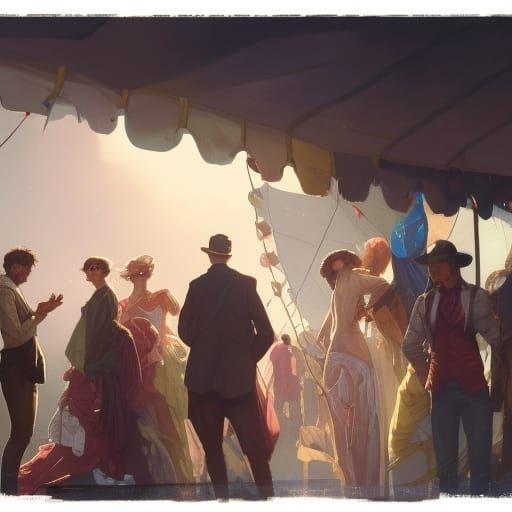 Six people standing outside of circus caravan