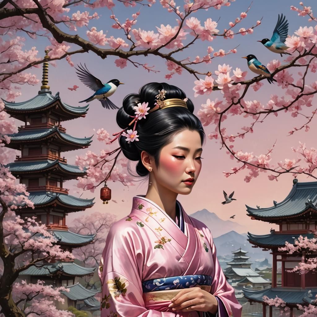 Japanese Woman in Kimono with Bird, Fantasy Art