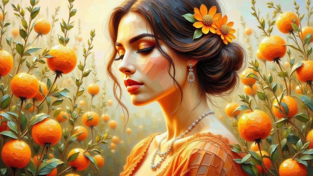 Woman Surrounded by Orange Flowers in Digital Art Style