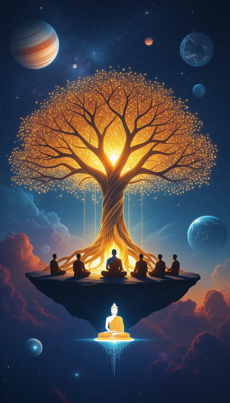 Stardust Tree with Buddha in Cosmic Sci-Fi Style