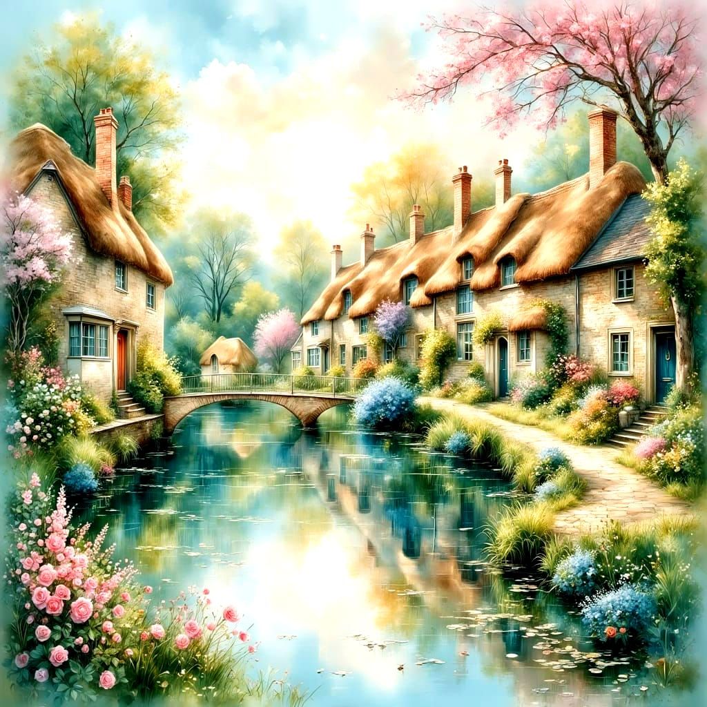 Charming English Village by Lake as Watercolor