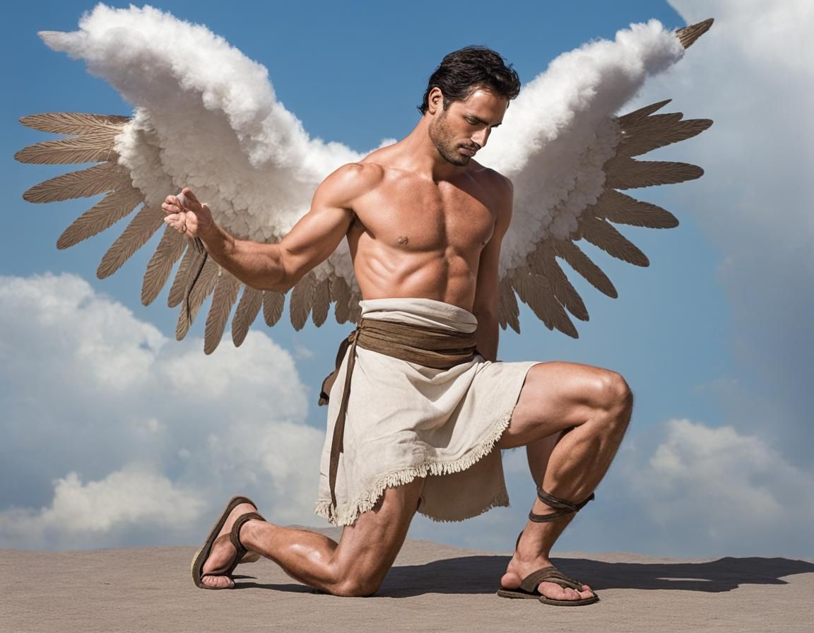 Bare-Chested Angel Kneeling on a Cloud