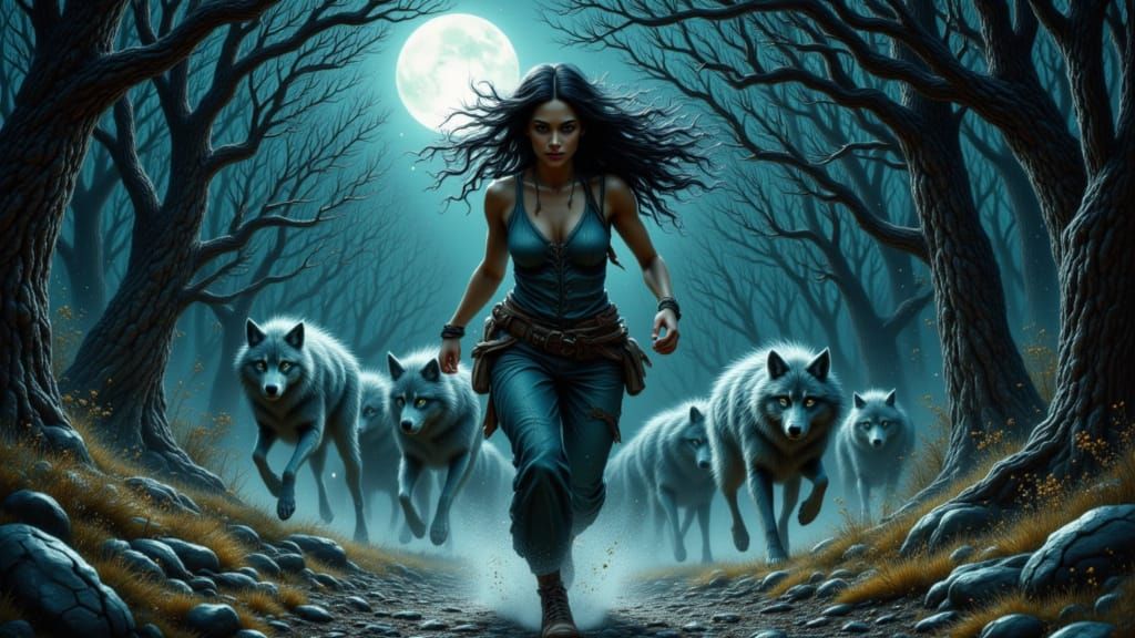 Woman Running With Spectral Wolves in Moonlit Forest
