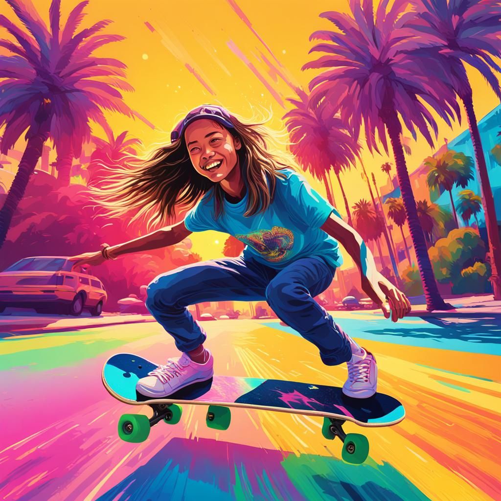 Girl Skateboarding Mid-Flip in California Neon