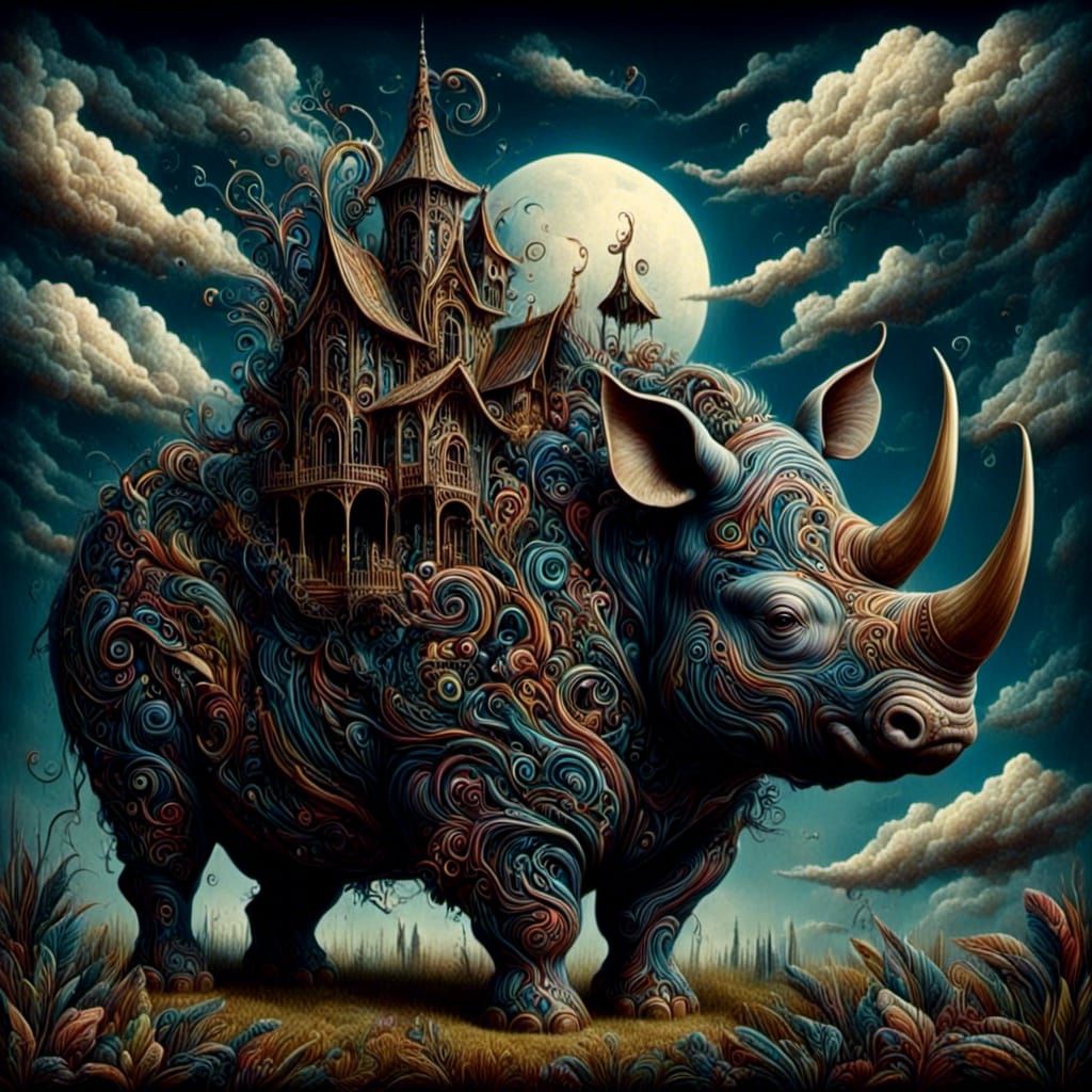 Art Nouveau Rhino Carries Whimsical Village