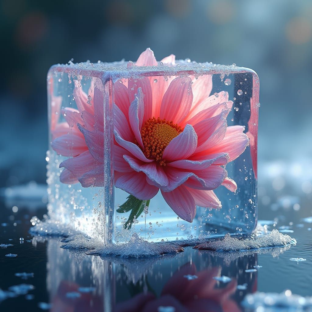Crystal Flower Ice Cube in Iridescent Water