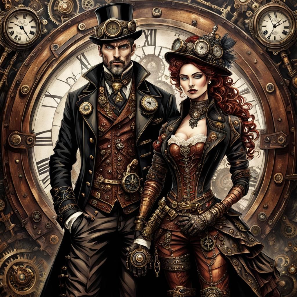 Steampunk Couple: Detailed Portrait of Man and Woman