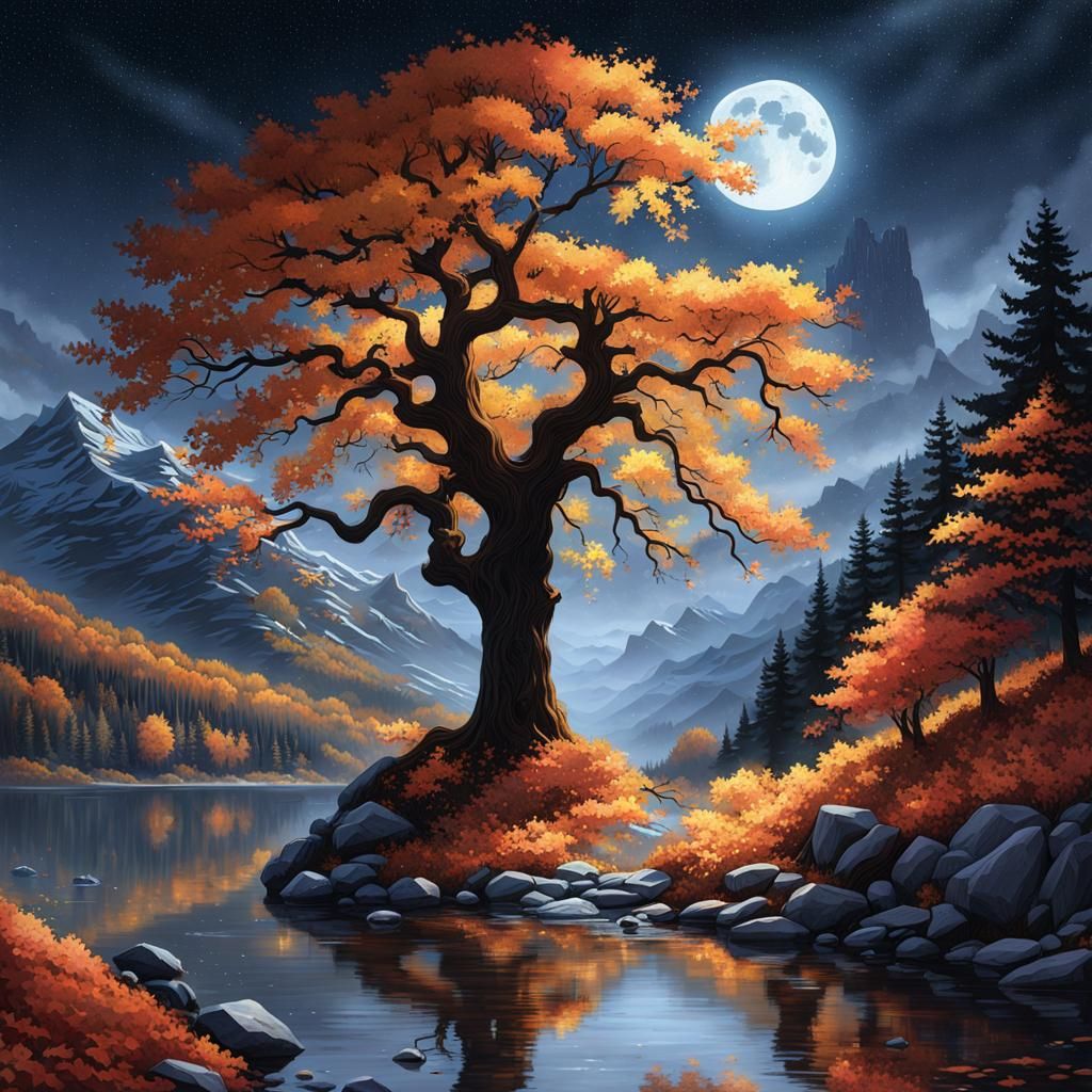 Autumn Lake Landscape in Digital Watercolor Style