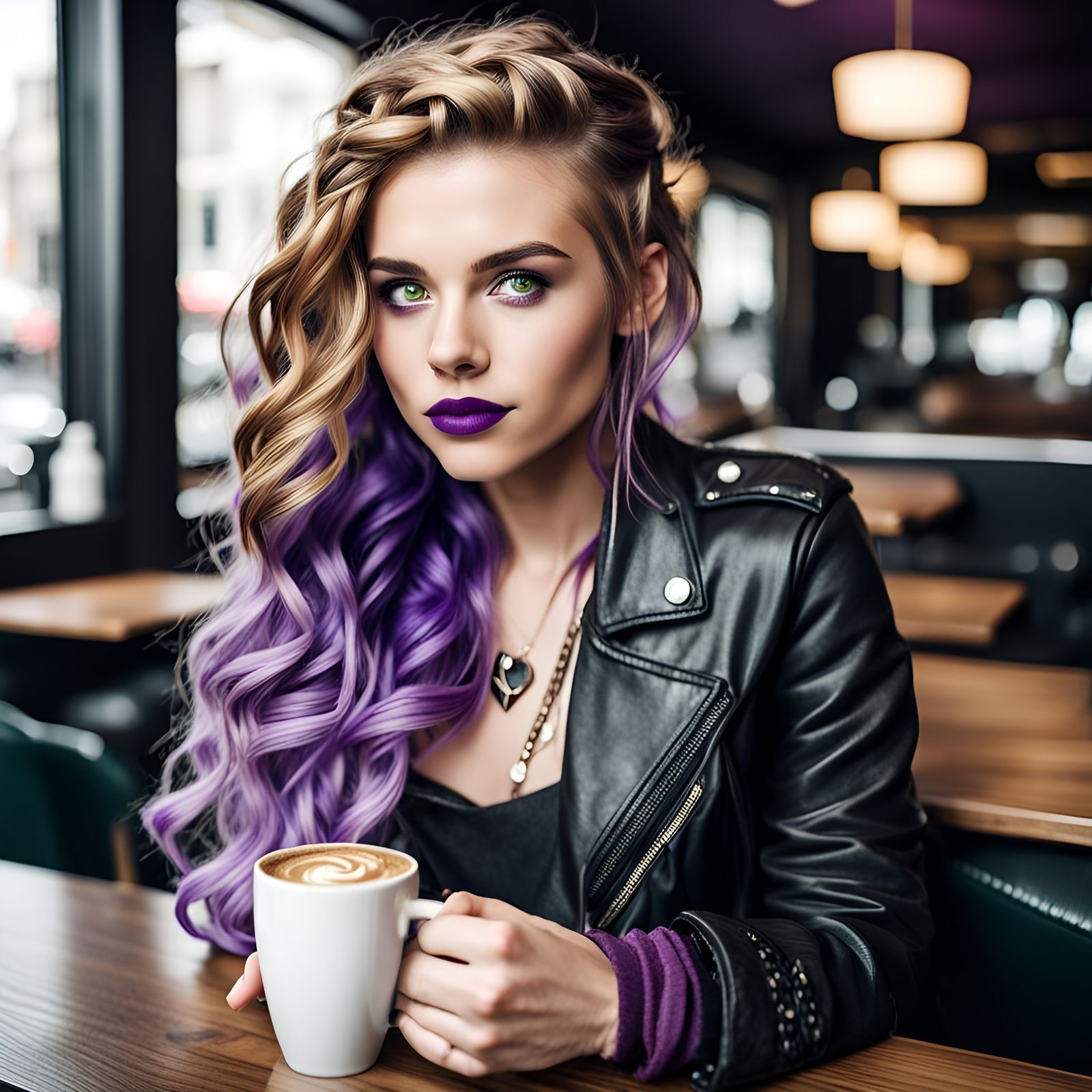 Viking Woman with Braided Hairstyle Drinking Coffee