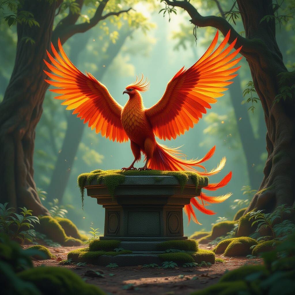 Golden Phoenix Perched on Ancient Altar in Enchanted Forest