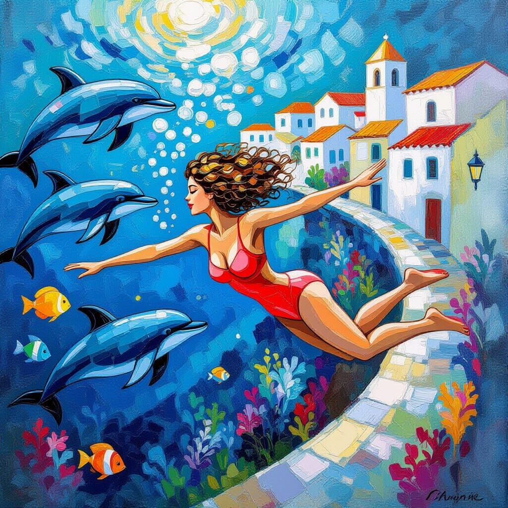 Underwater Scene in Neo-Impressionist Style