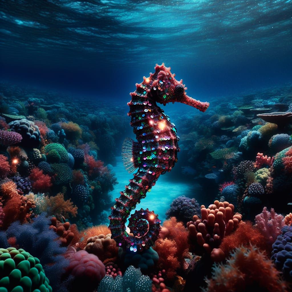 Sequin Seahorse in Deep Ocean with Coral Reefs