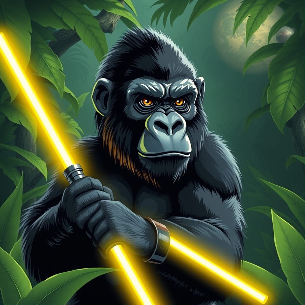 Gorilla Jedi Wields Yellow Banana Lightsaber in Alien Jungle