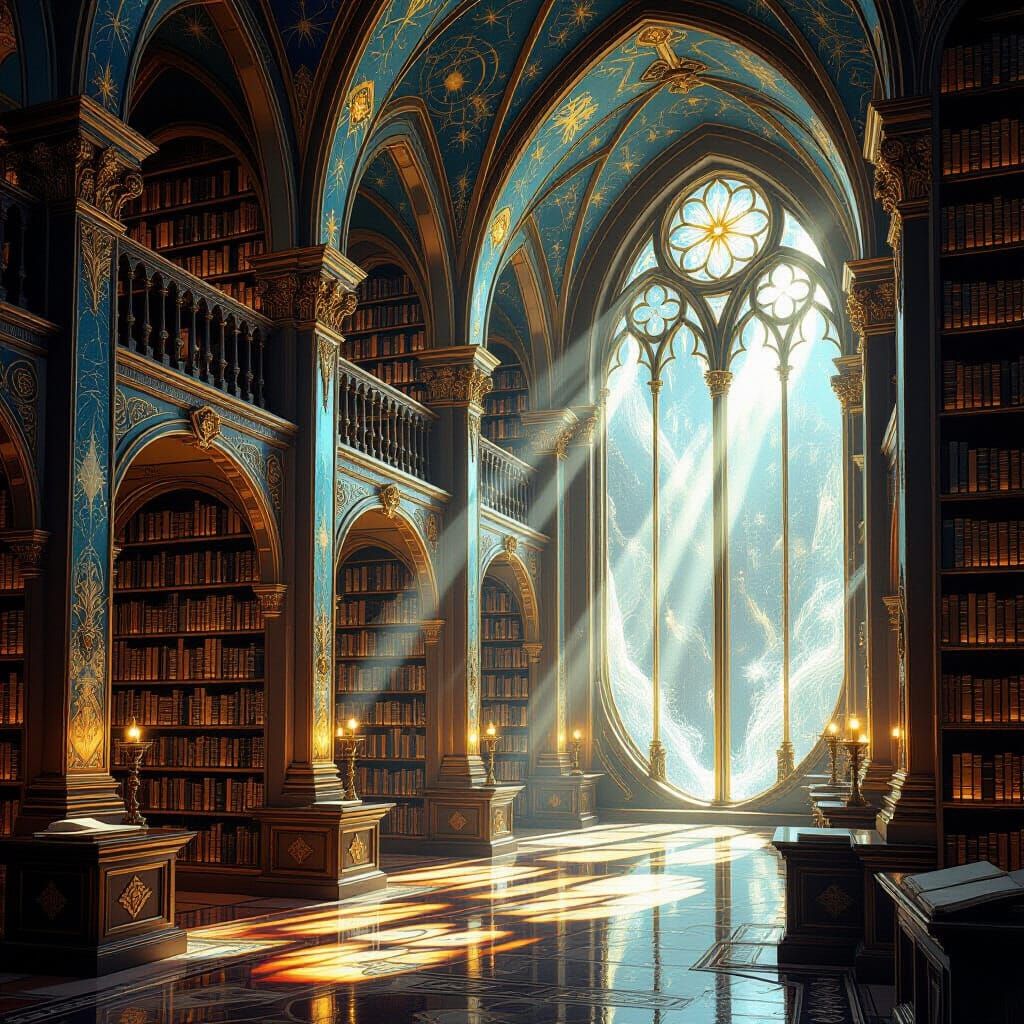 Ancient Crystal Library with Glowing Books