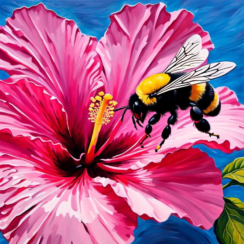 Pink Hibiscus Flower with Bumblebee as Impasto Painting