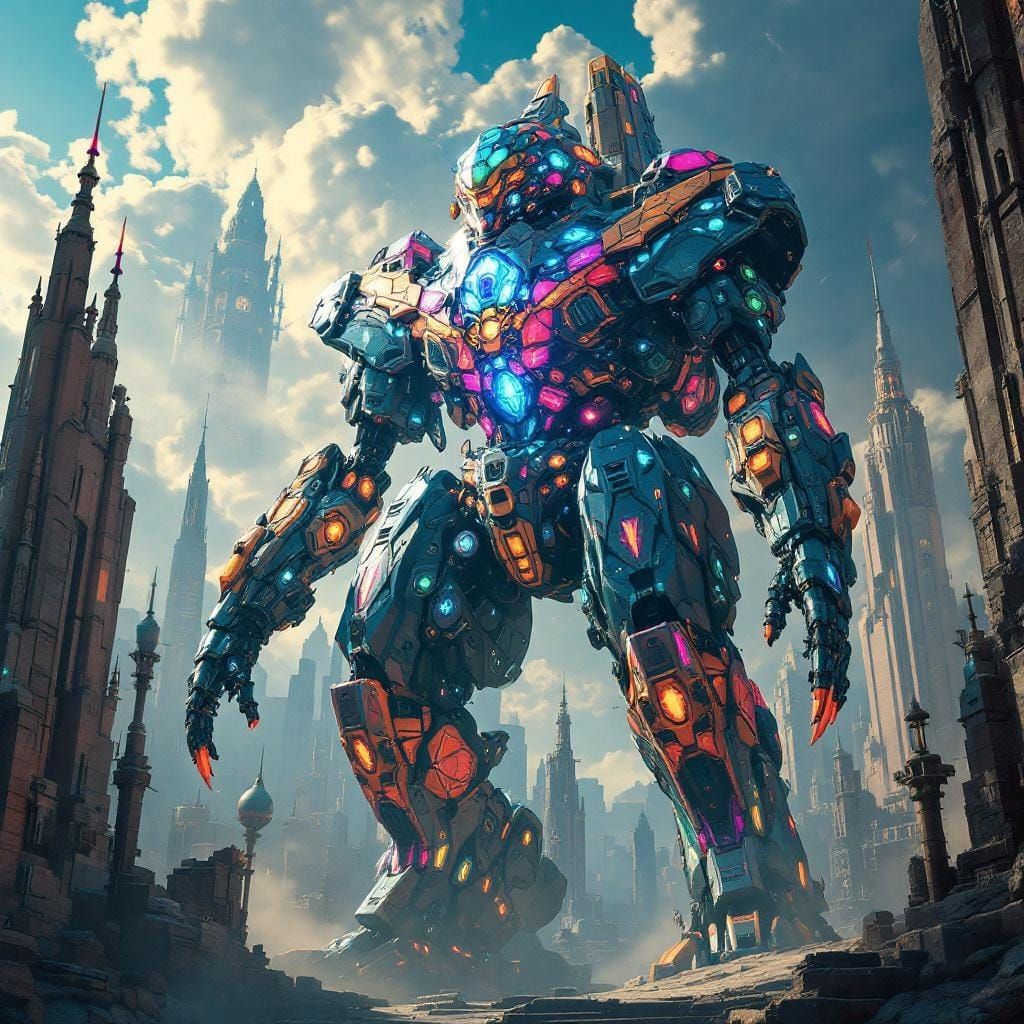 Kaleidoscope Battle-Mech in Retro-Futuristic Cityscape