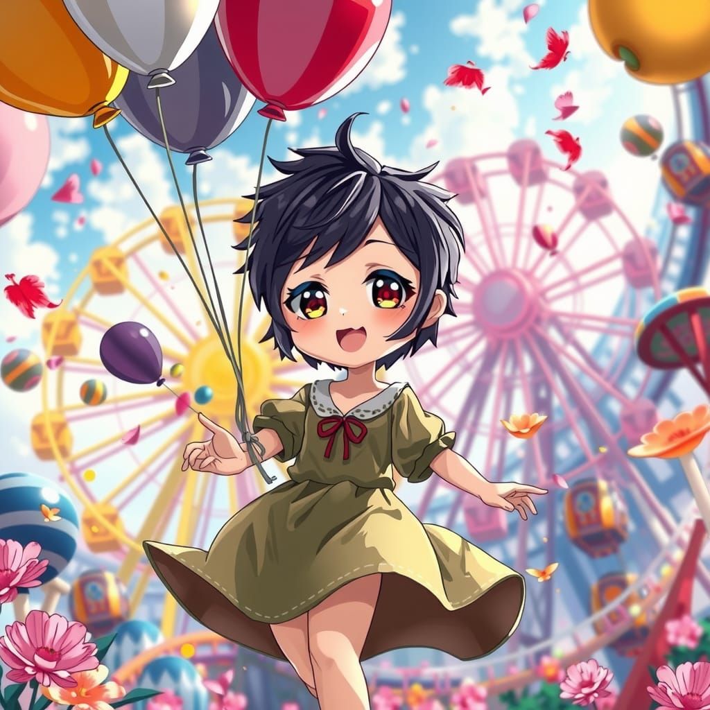 Joyful Anime Woman in Whimsical Theme Park