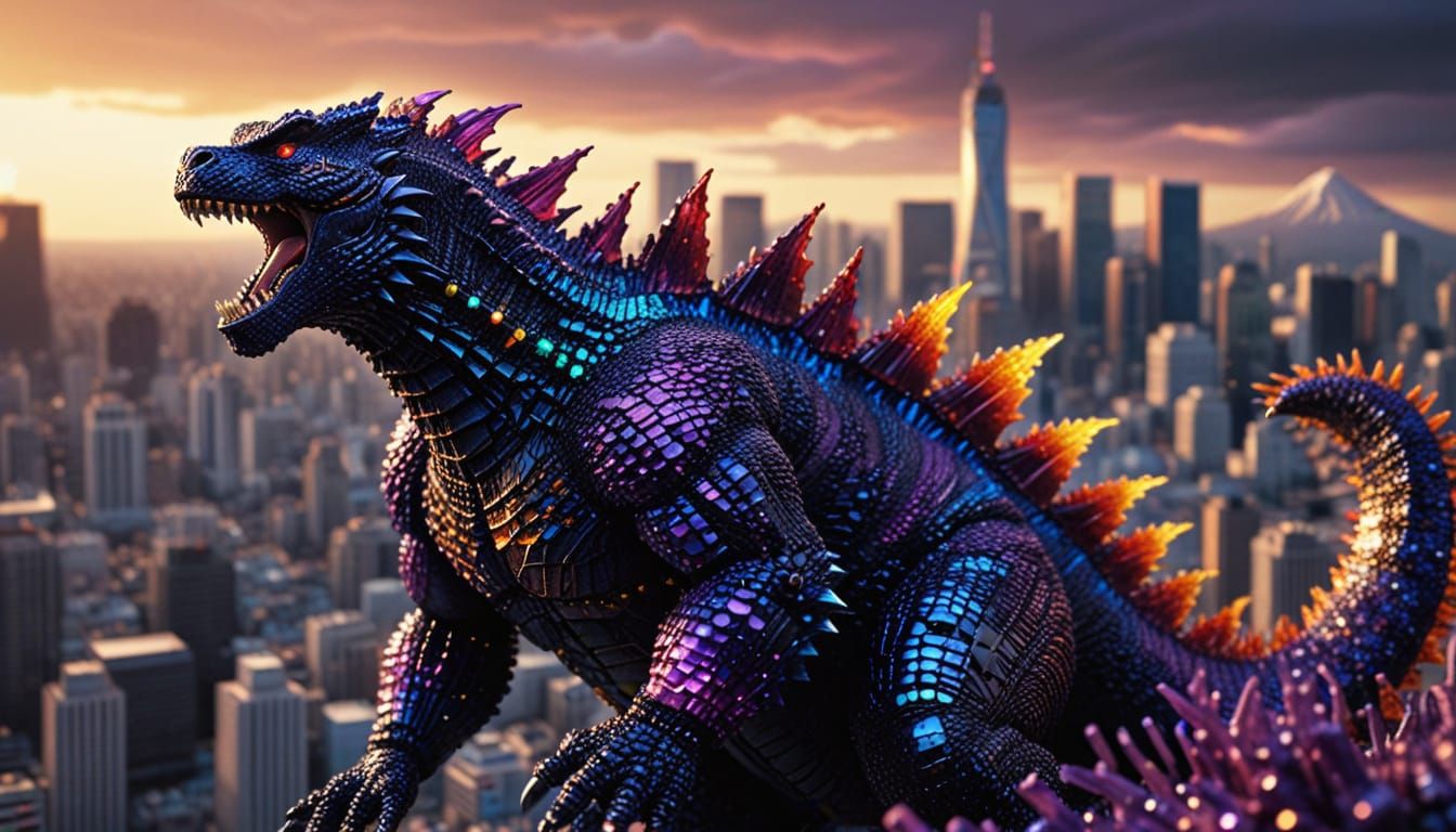 Godzilla Attacks Tokyo: Alcohol Ink Macro Photograph