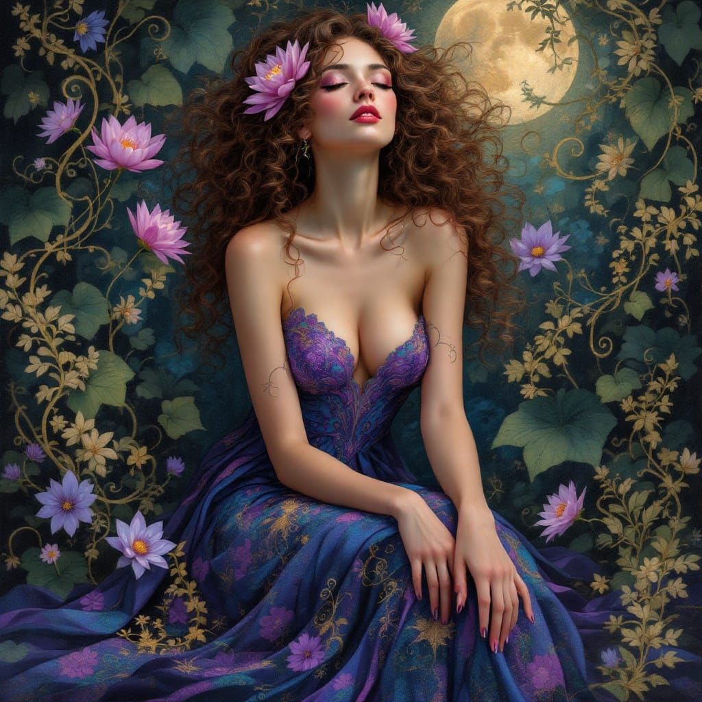 Serene Goddess in Jewel-Toned Gown with Lotus Adornments