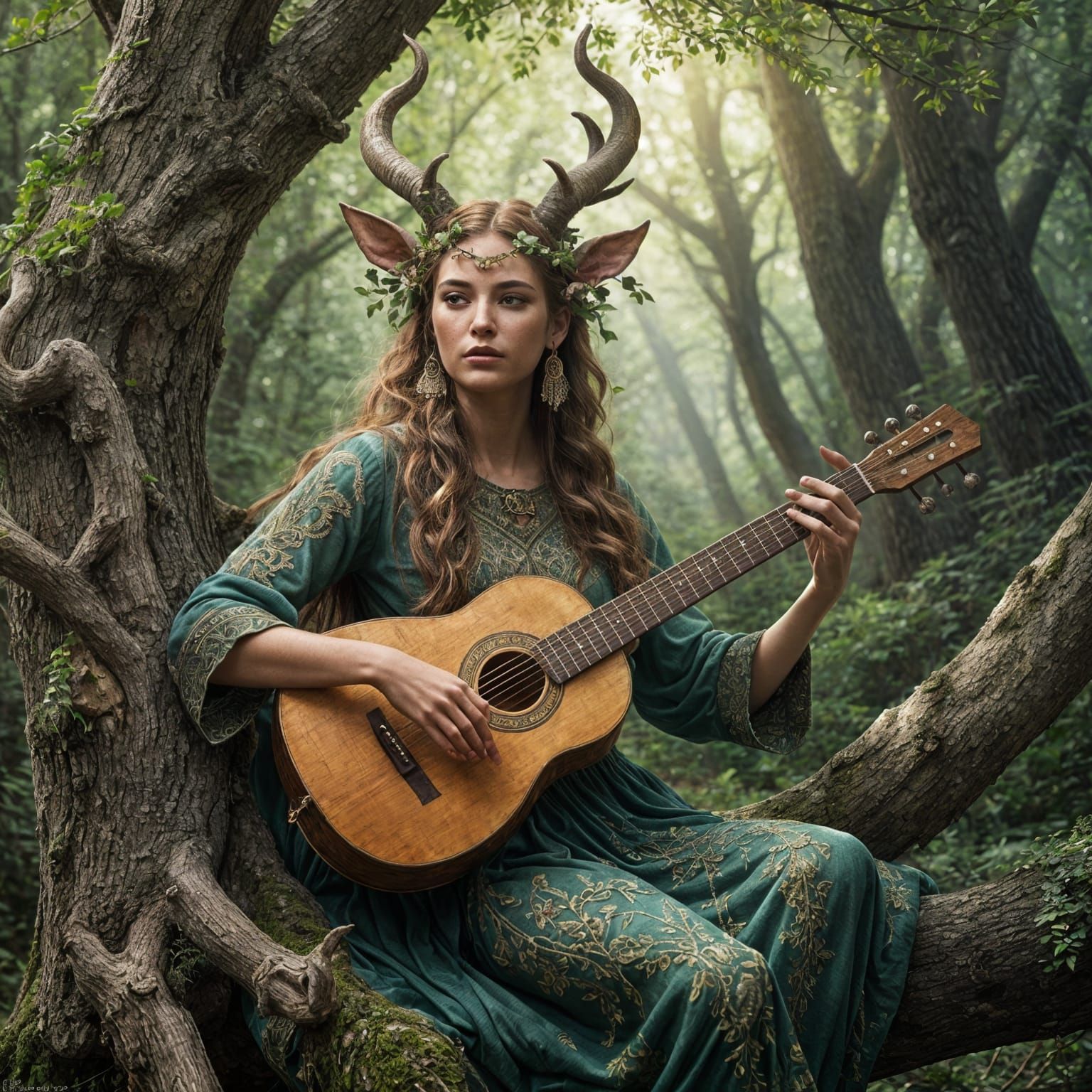 Faun Woman Plays Lute in Detailed Forest
