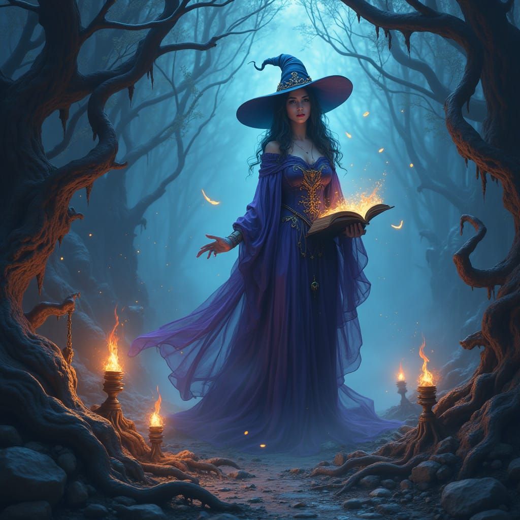 Gothic Celestial Witchcraft Scene in Vibrant Colors