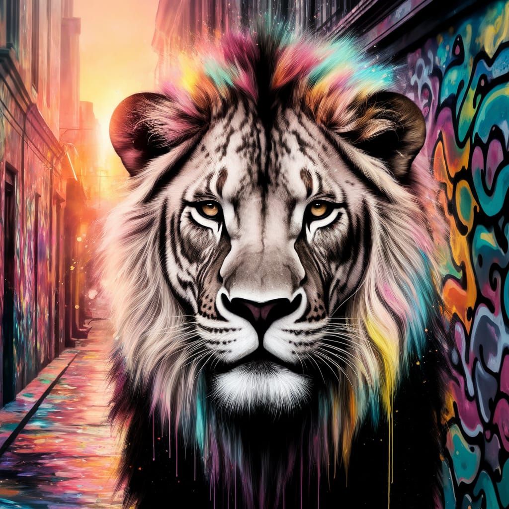 Lion with Enigmatic Human Smile in Vibrant Graffiti Alley