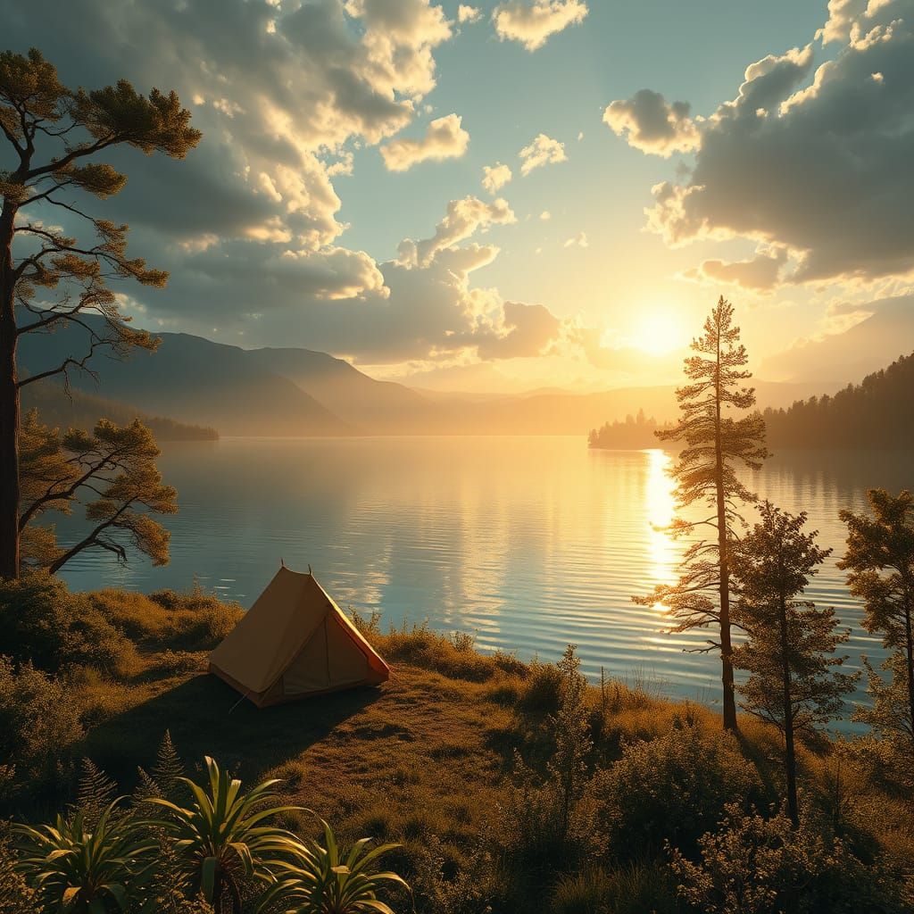 Serene Lakeside Camper: Fantasy Realism in 8k