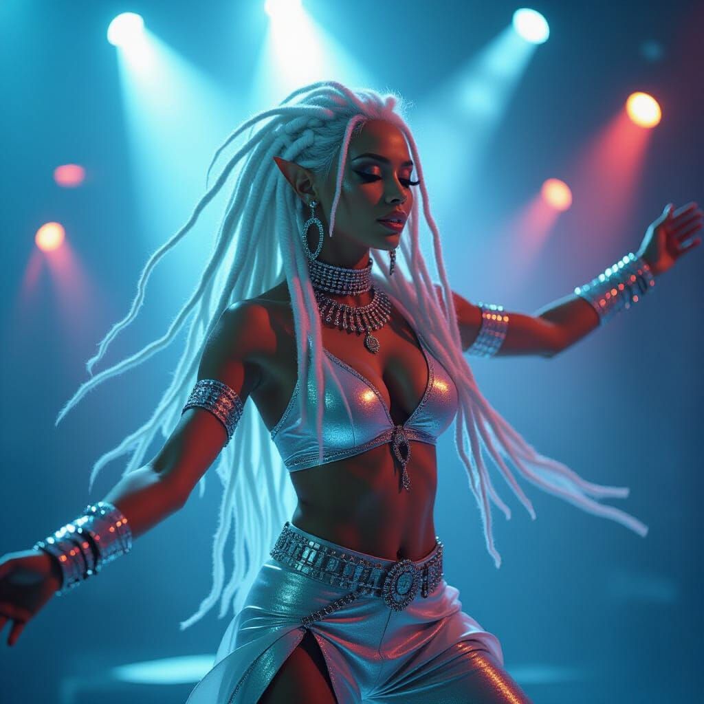 Elven Woman Dancing Under Disco Lights: Cinematic Still