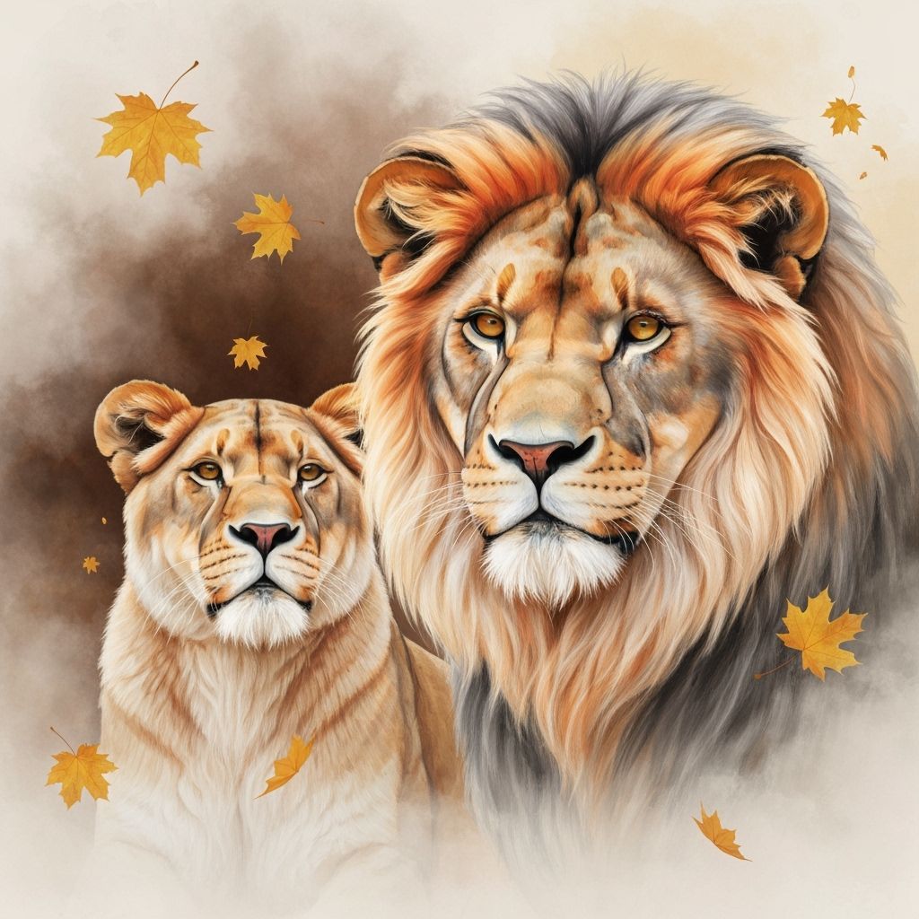 Watercolor Lions in Dreamy Autumn Scene