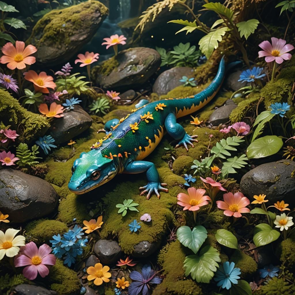 Salamander Running Through Mossy Rocks in Golden Light