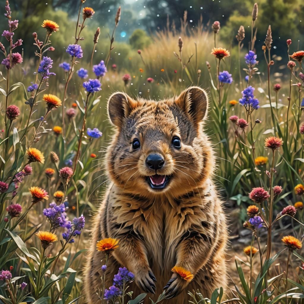 Cosmic Quokka in Digital Watercolor Meadow