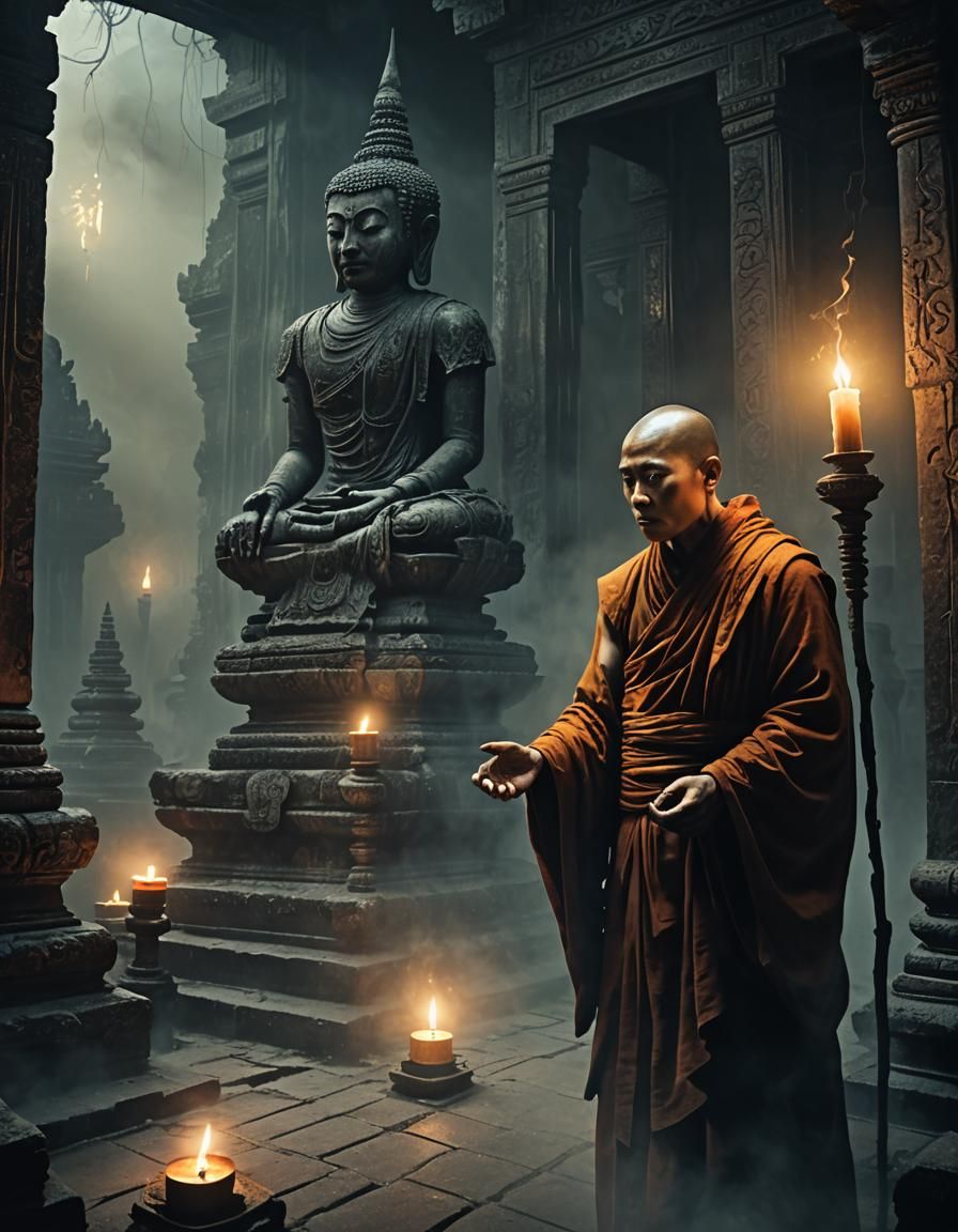 Monk Confronts Entity in Dark Mysticism Style