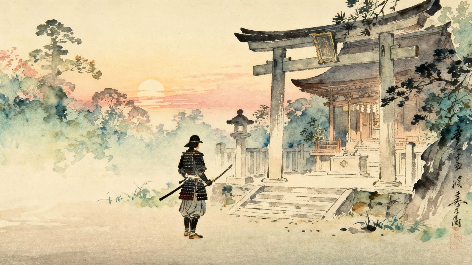 Samurai Warrior at Dawn Shrine in Japanese Ink Wash Style