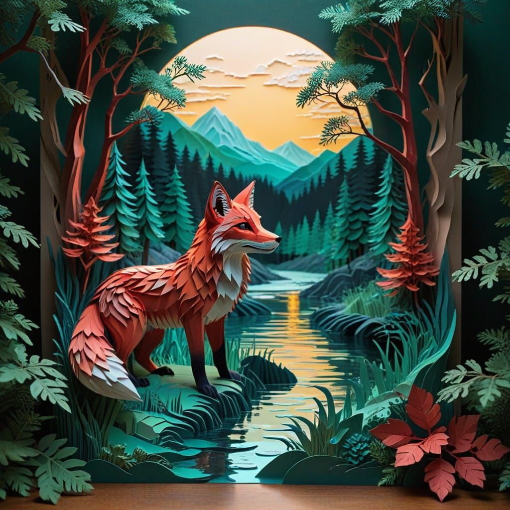 Red Fox Paper Sculpture in Mountain Forest