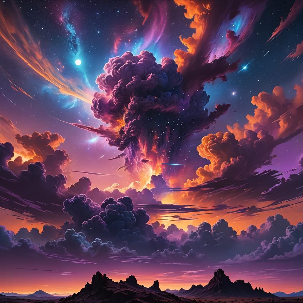 Iridescent Nebula in Starry Sky, Digital Matte Painting