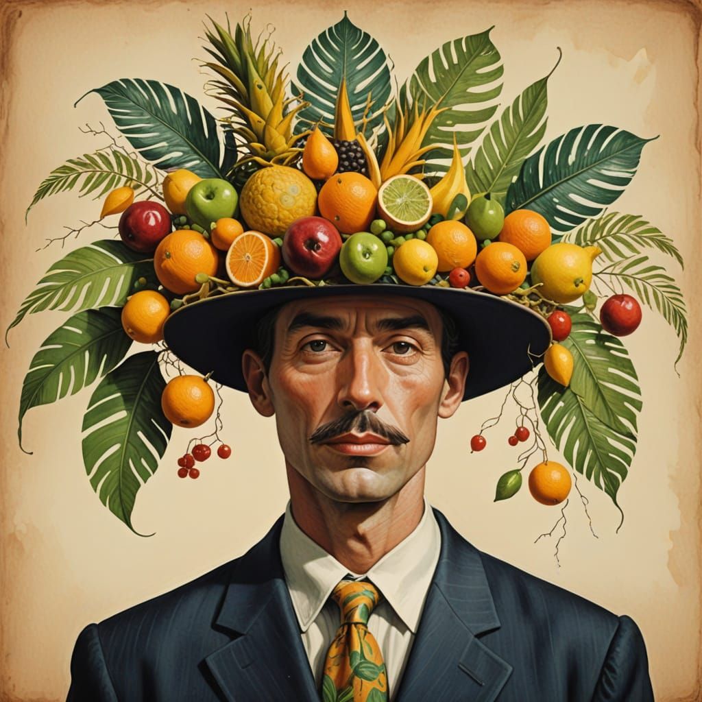 Surrealist Man in Tropical Fruit Hat