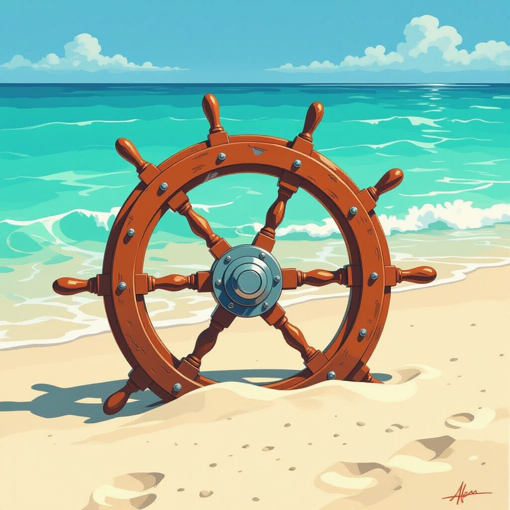 Vintage Ship Wheel Washed Ashore, Comic Book Style