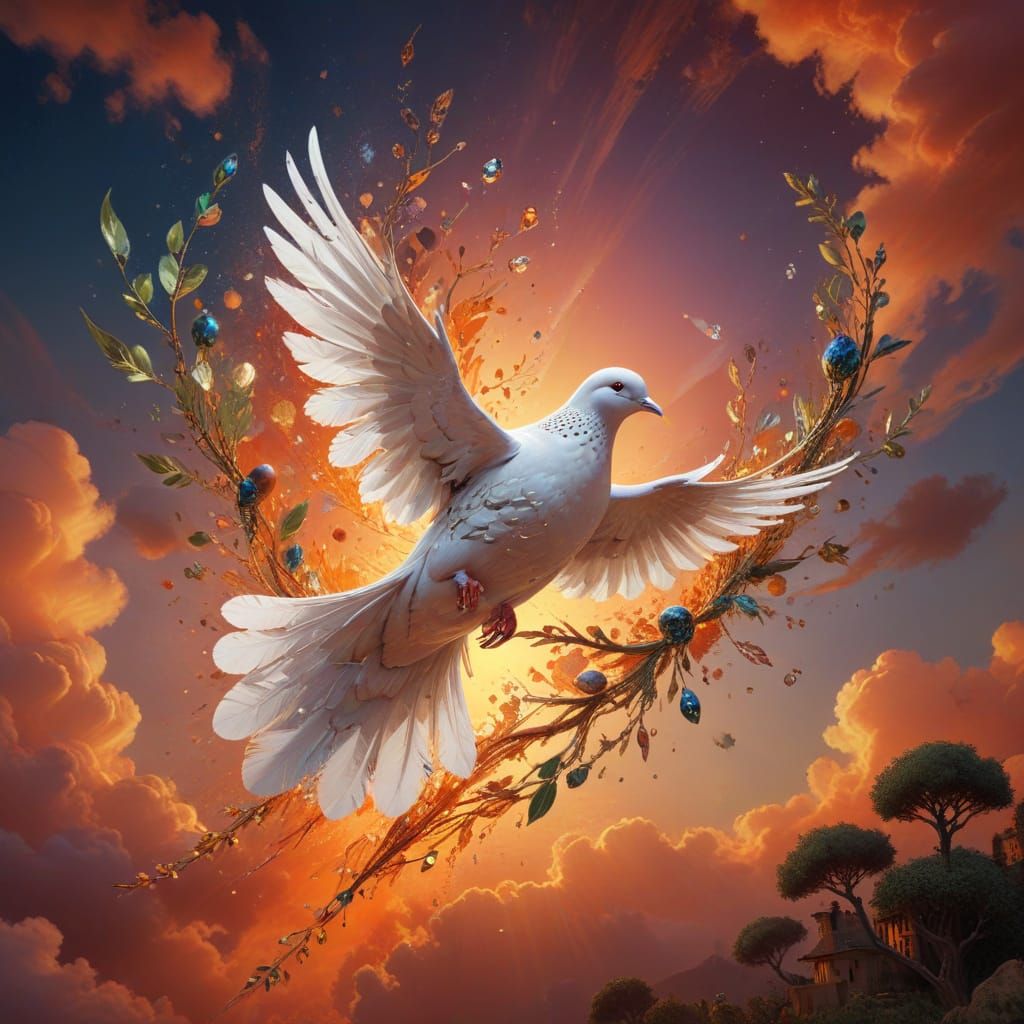Ethereal Dove Descends into a Glowing Sunset