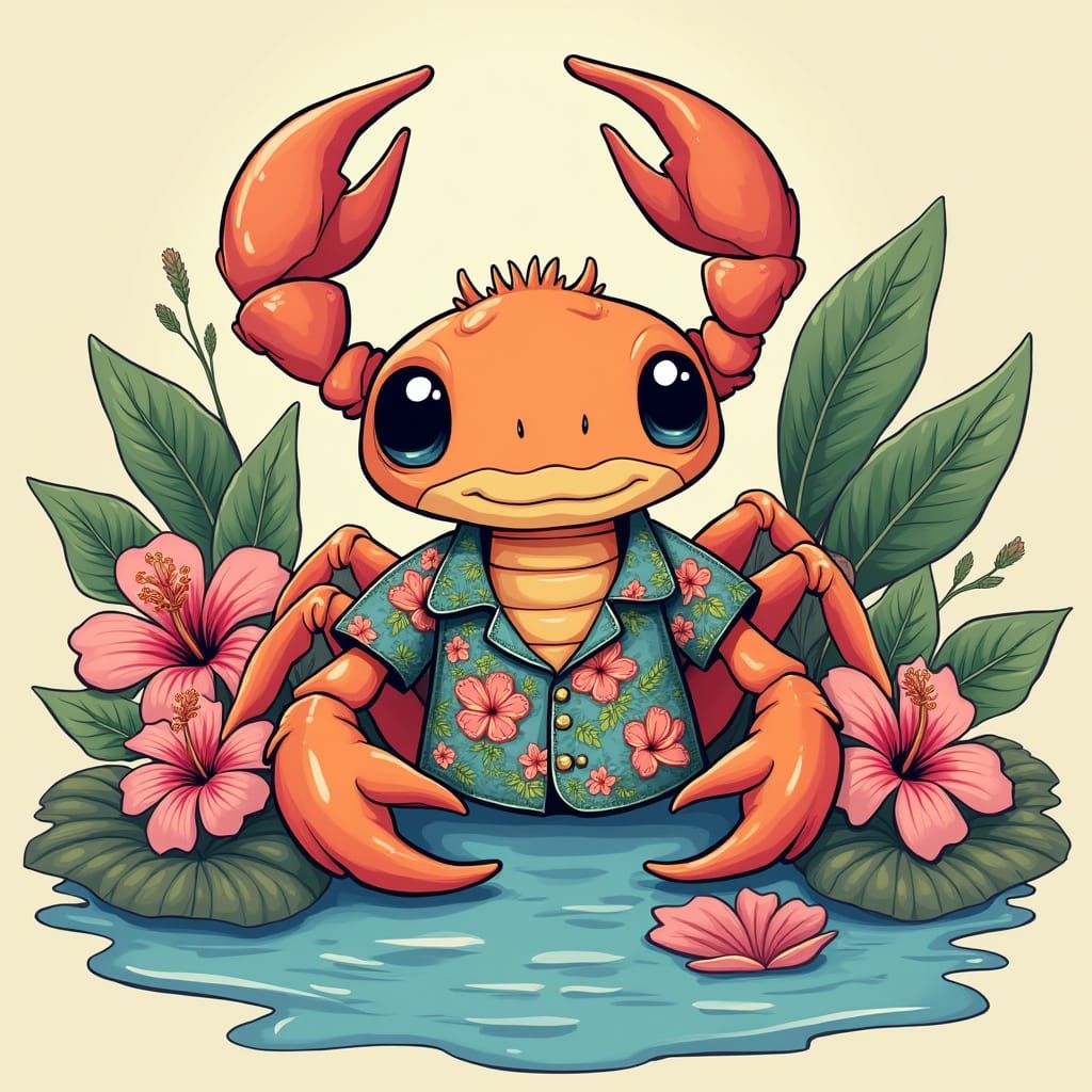 Cute Cartoon Scorpion in Hawaiian Shirt Anime Style