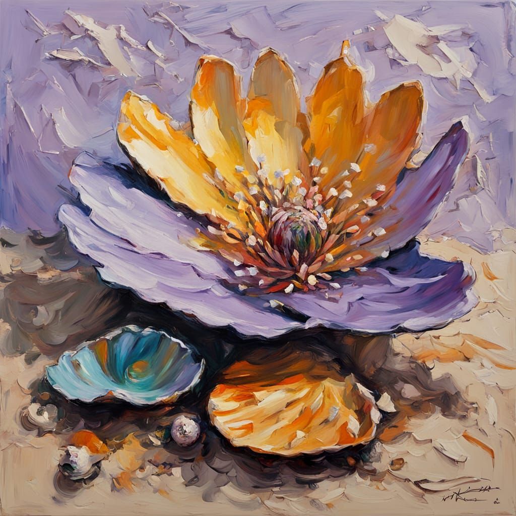 Wildflower Growing From Seashell: An Impasto Oil Painting