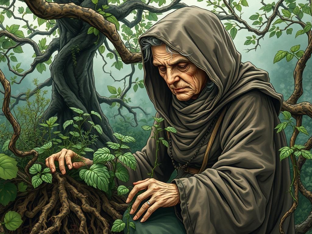 Ancient Herb Witch in Garden: Storybook Illustration