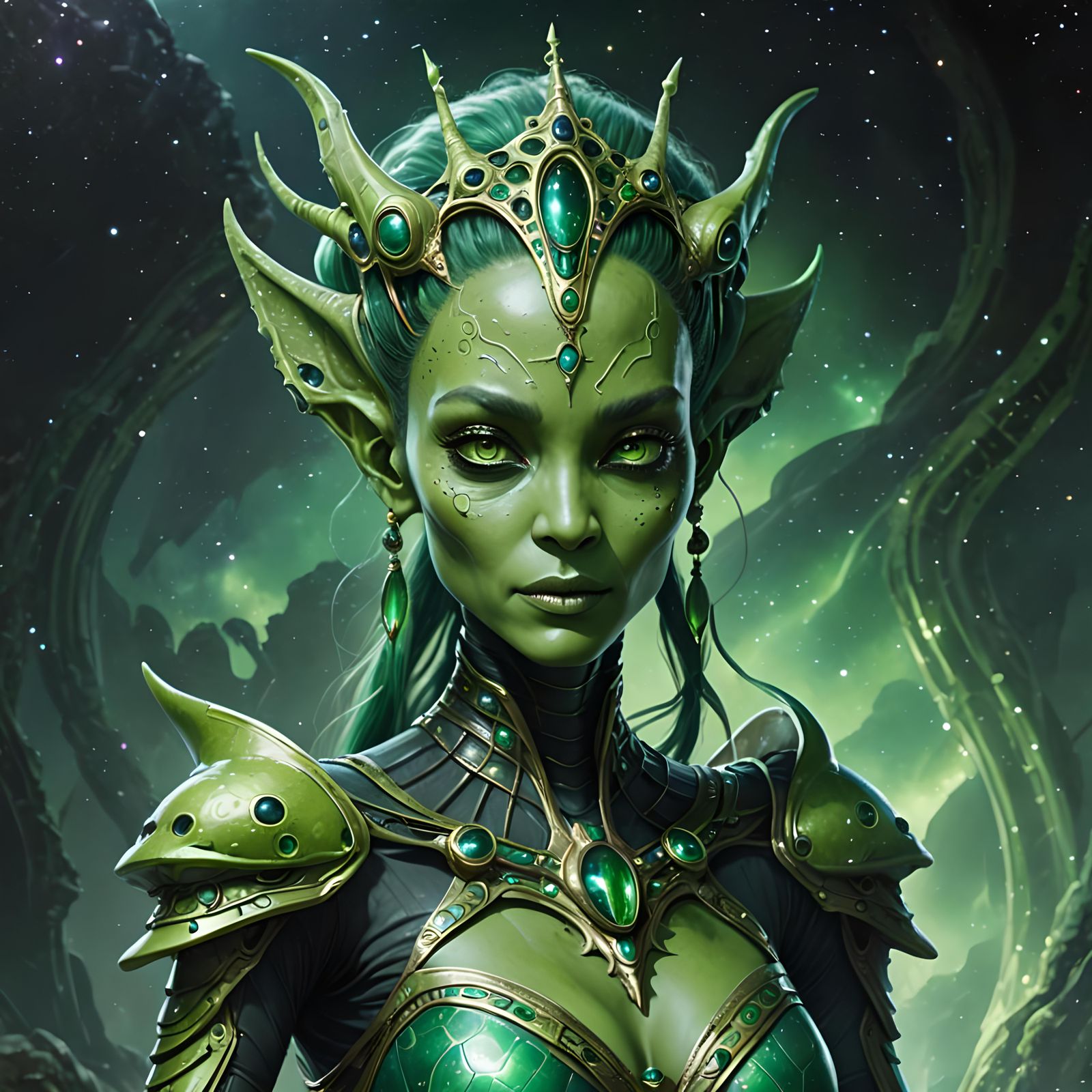 Elegant Green Alien Princess Portrait