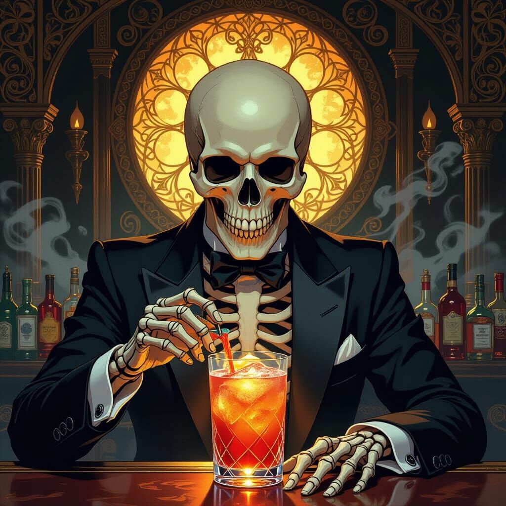 Skeleton Bartender Mixes Cocktail in Art Nouveau Style