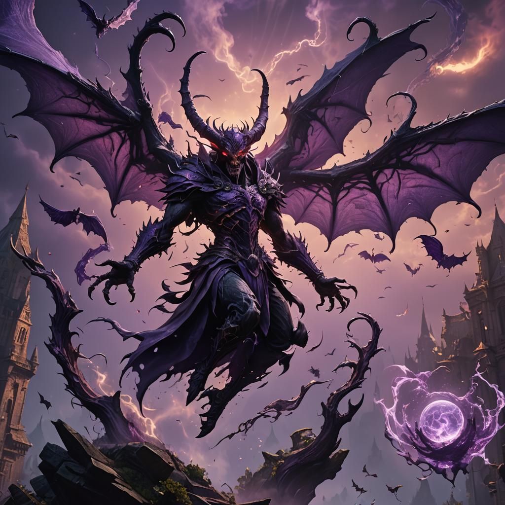 Floating Demon Casting Purple Spell in Detailed Matte Painti...