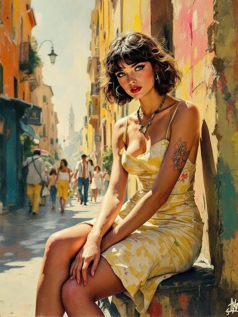 Italian Woman in Rome, Impasto Painting with Pulp Lighting