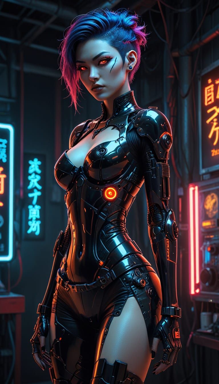 Japanese Cyberpunk Gynoid in Gothic Pinup Style